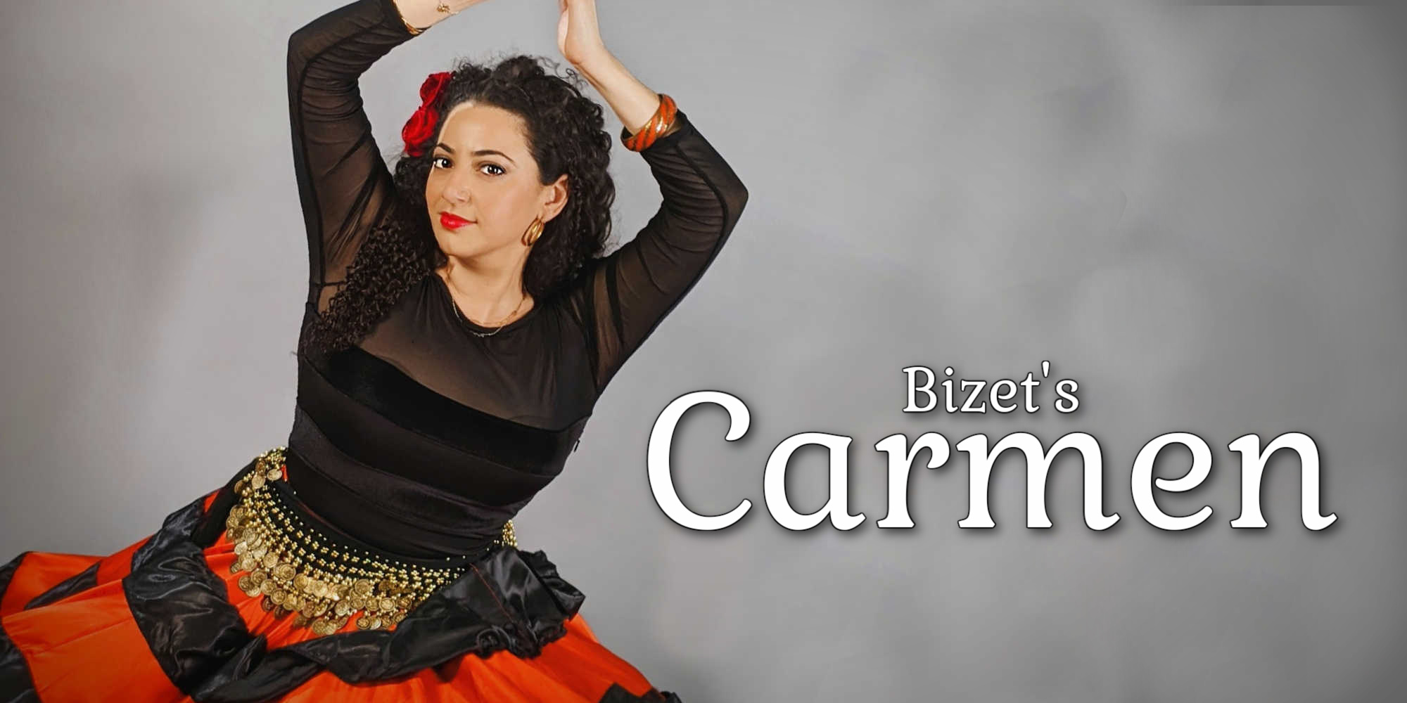 Publicity Banner for Bizet's Carmen featuring a woman dancing in folk dress